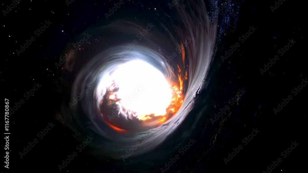 Poster cosmic portal with bright light and fire effects in dark space. dynamic spiral vortex with glowing e