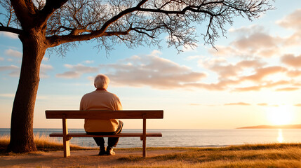 An elderly person sitting on a wooden bench under a large tree, gazing at the distant ocean.