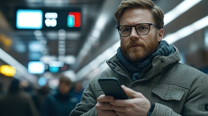 Man using smartphone in a busy transport environment.