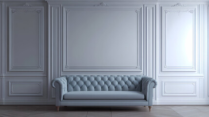 Classic white interior with moldings, blue sofa, wood floor and decor. 3d render illustration mockup. Velour. Illustration