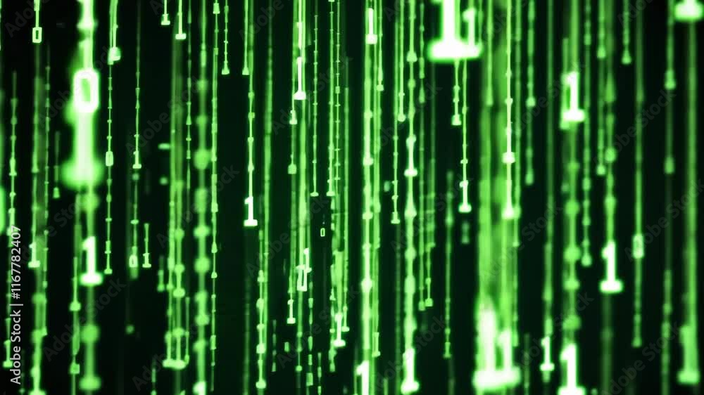 Poster digital matrix rain effect with glowing green numbers and characters. abstract technology background