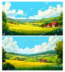 Fototapete Rund Farms landscapes. Meadow panoramic rural scenes, green color idyllic pasture, rural farm agriculture horizontal cartoon background vector illustration © ssstocker