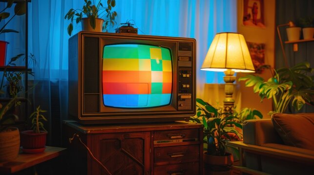Vintage TV with test pattern in cozy room.