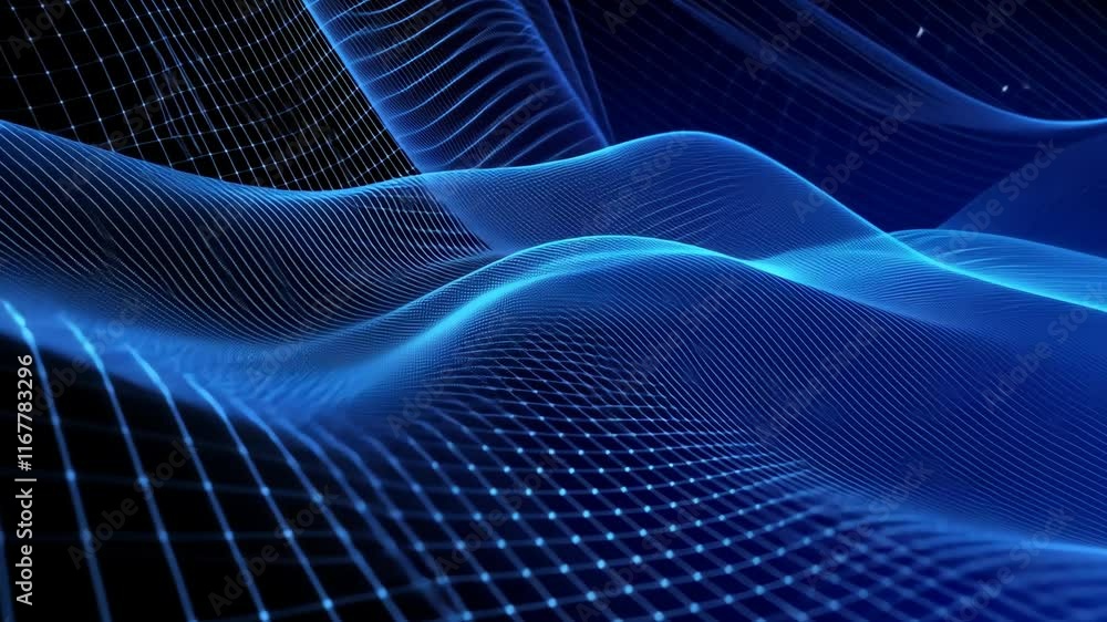 Poster dynamic blue wave grid animation. abstract digital technology background with flowing lines and part
