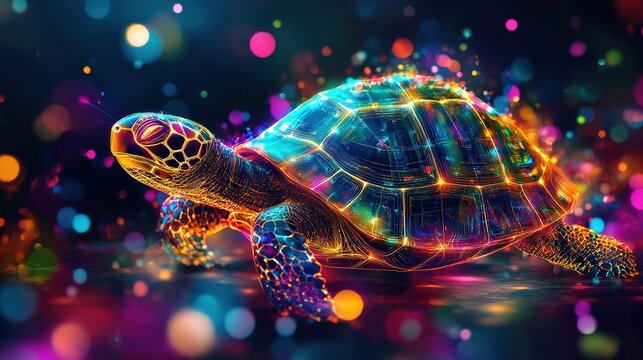 Vibrant neon turtle against a dark, bokeh background.
