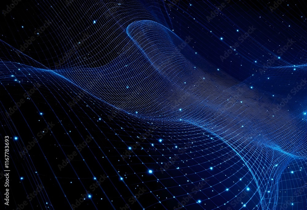 Poster digital wave pattern with glowing dots on deep blue space background. abstract technology network vi