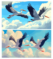 Obraz premium Storks flying sky. Two stork fly in clouds, white birds horizontal cartoon background banner vector illustration