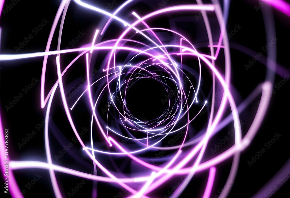 Aufkleber pink and purple neon light tunnel with spiral effect on black background. abstract glowing vortex pa