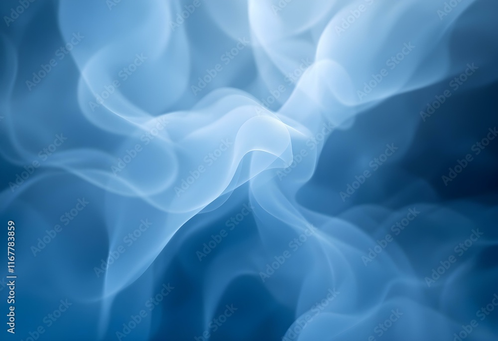 Poster blue smoke swirls in abstract patterns against dark background. mystical flowing vapor shapes create
