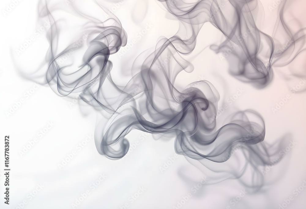 Poster elegant wisps of gray smoke creating delicate swirls against white background. abstract flowing patt