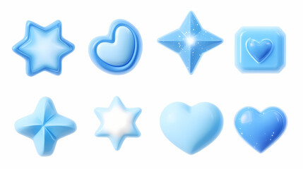 3d icon collection set, heart, star, moon, twinkle, cube and circle, blue velvet velour material, png isolated background. Velour. Illustration