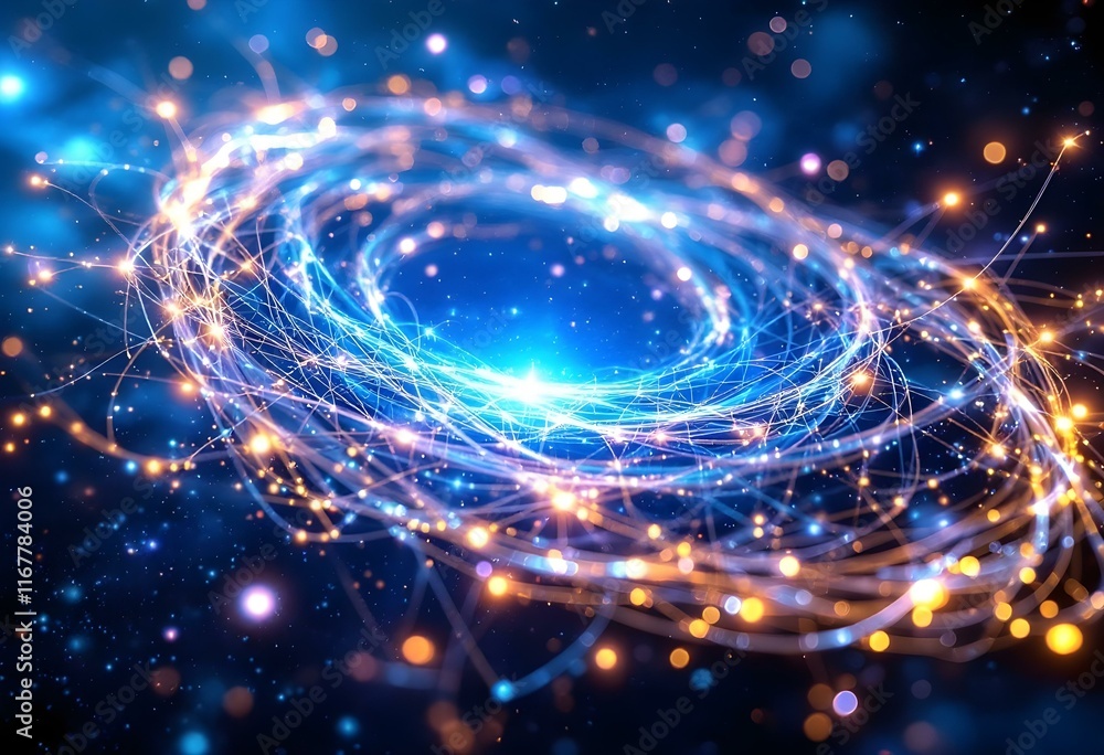 Poster glowing spiral galaxy in deep space with bright blue energy center and orange particle effects. cosm