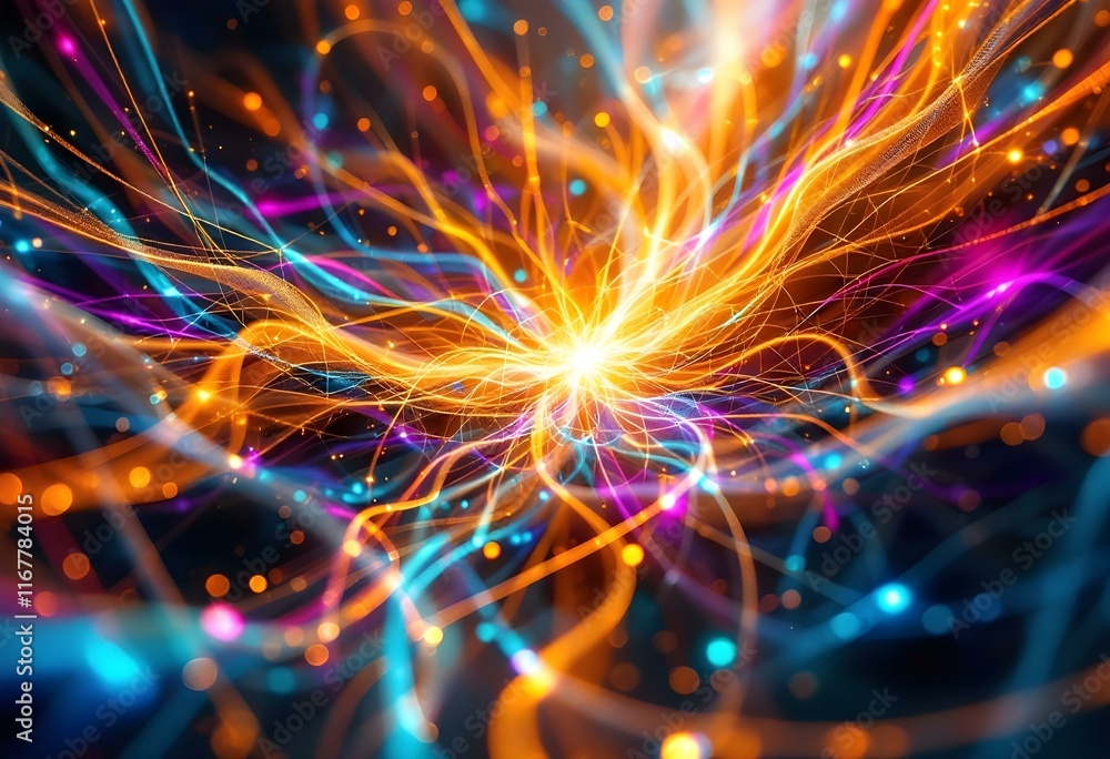 Poster explosive cosmic energy burst with glowing light trails. abstract orange and blue energy waves colli