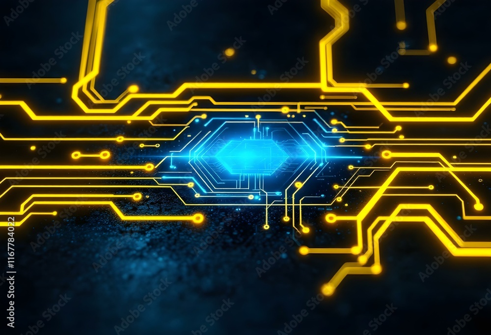 Poster glowing blue computer chip with yellow circuit paths on dark background. digital technology, artific