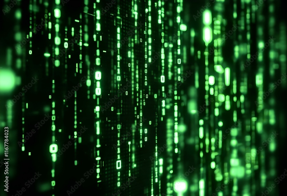 Poster digital green matrix code rain on black background. streaming computer data. cyber security and tech