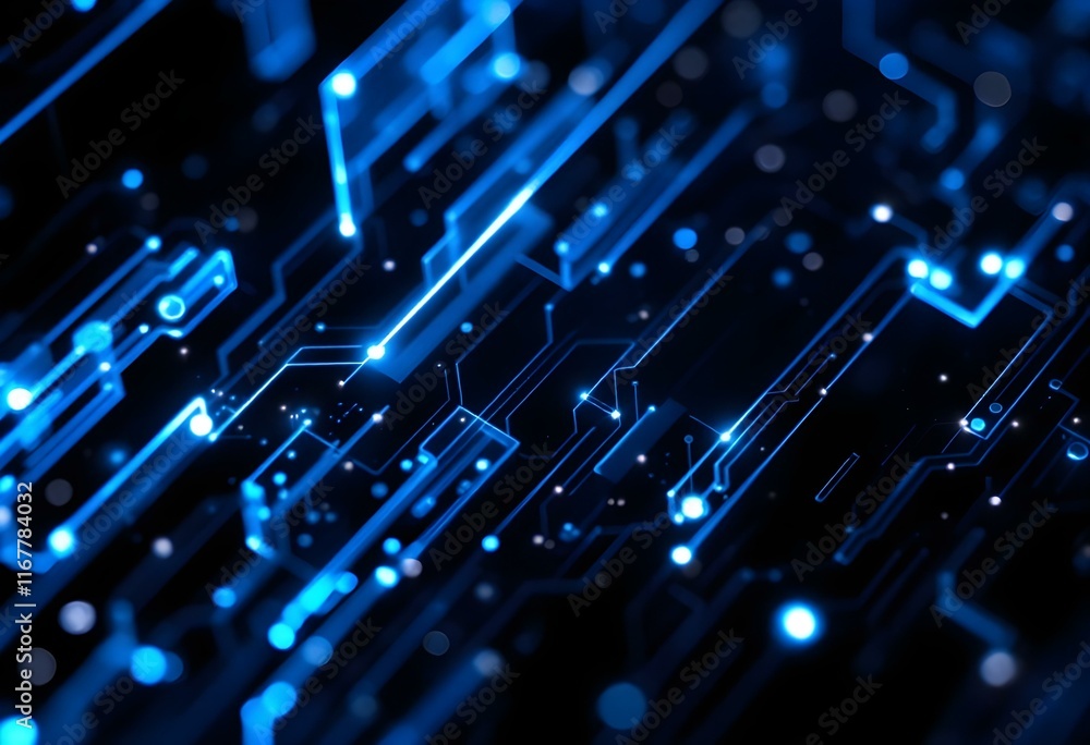 Poster blue digital circuit pattern with glowing light trails. abstract technology background with illumina