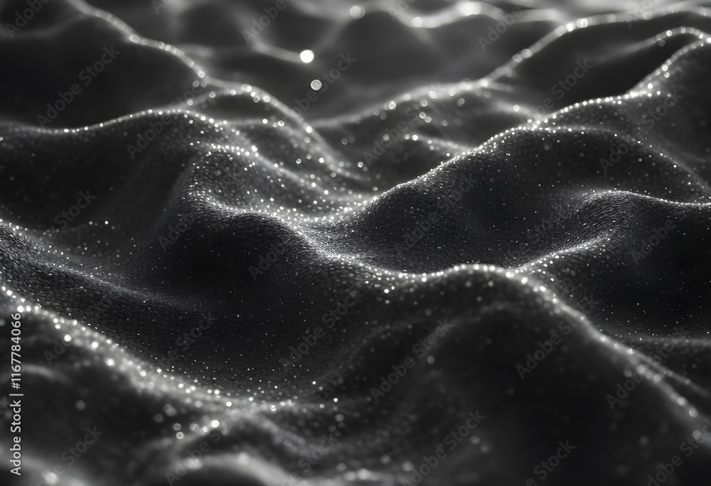 Poster abstract black and white wavy surface with glittering particles creating mystical landscape. dark te