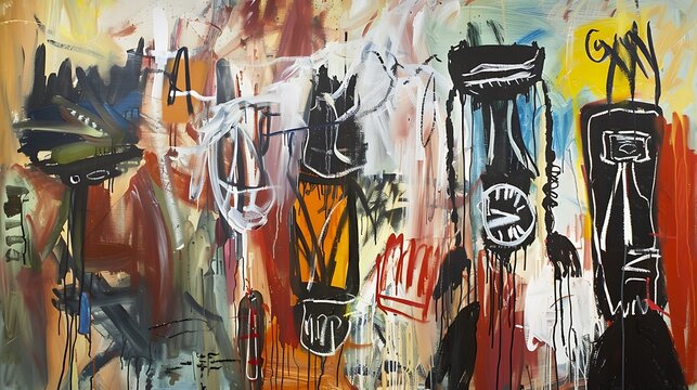 Primitive Artinspired painting where bold abstract forms and a focus on ritualistic and symbolic imagery create a powerful and primal composition