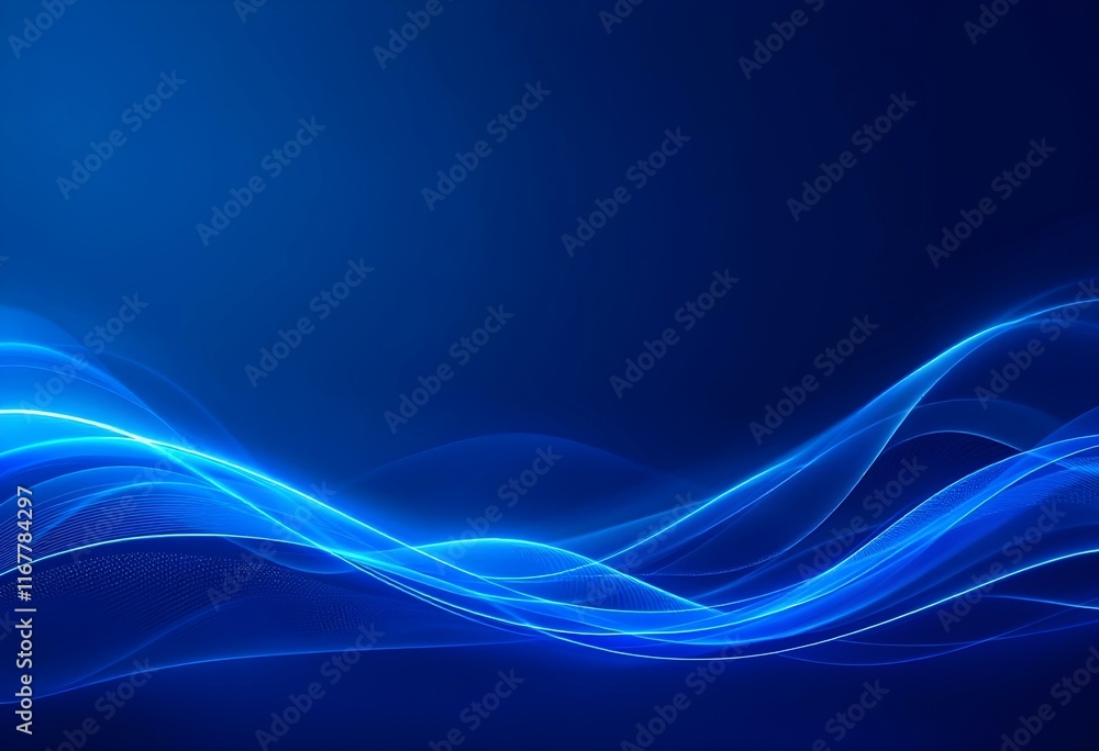Poster luminous blue waves on dark background. abstract glowing lines with dynamic flow effect. modern digi