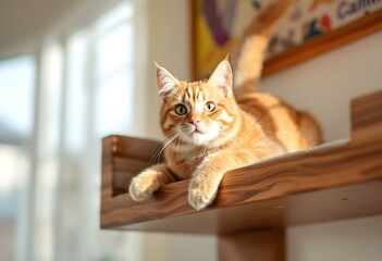 Ginger cat relaxing on wooden shelf in sunlit room. Cozy home pet portrait. Domestic animal in natural indoor setting. Cute feline companion enjoying sunny spot. Family cat lifestyle