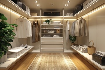 Minimalist White Walk-In Closet with Shelves and Black Boxes – Modern Interior Design