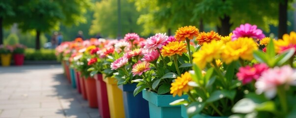 Fototapeta premium Colorful planter row with vibrant summer flowers in a park setting, greenery, flowers