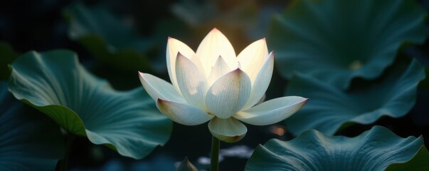 Delicate white lotus bloom radiating soft ethereal glow amidst darkness, white, peaceful, glowing