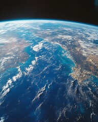 Earth's curve, ocean, clouds, land.