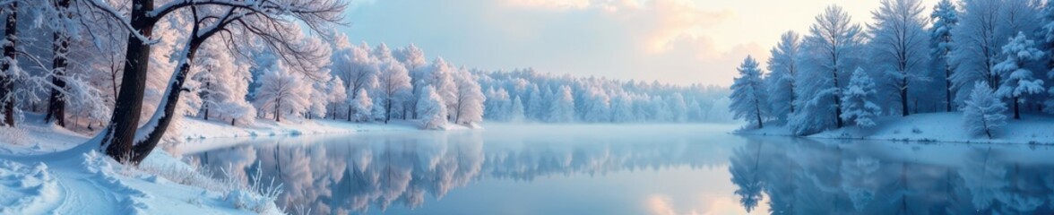 Fototapeta premium Frosty forest landscape with snow-covered trees and a frozen lake, lake, winter