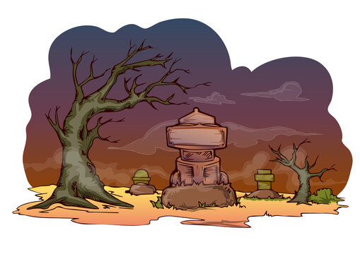 Spooky grave statue or grave yard with trunk of tree hand draw illustration for all surface cover need