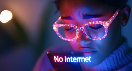 A young woman with illuminated glasses frowns at her phone screen displaying a connectivity issue