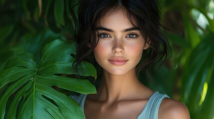 Fototapeta premium A young woman poses among lush greenery, exuding natural beauty and serenity.