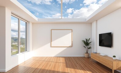 Obraz premium Modern living room interior with empty poster on wall and wooden floor 3d rendering Japandi interior design interior design japandi style modern