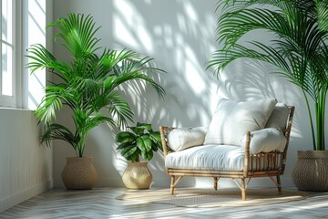 Minimalist Modern Living Room with Armchair and Plant – White Wall Mockup
