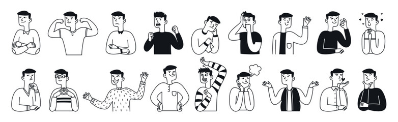 Big doodle collection of people facial expressions. Happy man, sad, shocked, scared, laughing etc. Outline, hand drawn sketch, black and white ink style.