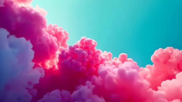 Camera seamlessly flies through abstract shapes and clouds in pink and blue colours with rotation. Dynamic motion. Continuous high speed FPV footage. Cotton candy. Animated background.