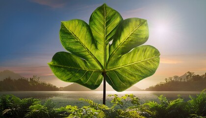 Large vibrant green leaf against a serene sunset landscape.