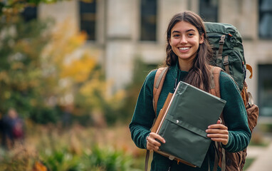 University female student with a backpack and books in hand, smiling excitedly about her study abroad journey. Ready for adventure, with a modern campus building in the background.

