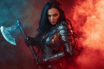 A haunting portrayal of a Scandinavian hero with brown hair, wearing light armor and holding a two-handed axe, in a shadowy environment.