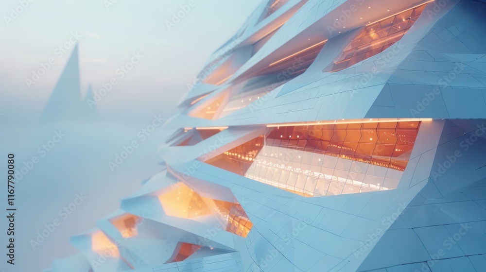 Poster futuristic building architecture in fog.