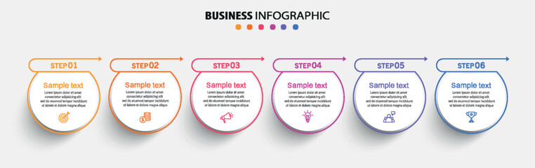 Business vector infographic design template with icons and 6 options or steps. Can be used for process diagram, presentations, workflow layout, flow chart, info graph