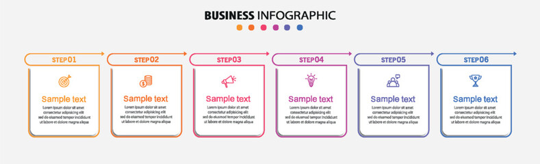 Business vector infographic design template with icons and 6 options or steps. Can be used for process diagram, presentations, workflow layout, flow chart, info graph