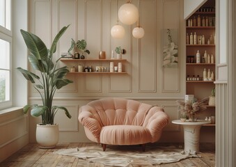 Wide Shot of a Boho Modern Interior Design Studio with Velvet Couch and Warm Tones