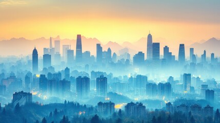 City skyline at sunrise with mist and mountains.