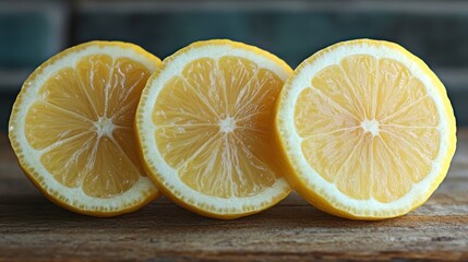 Three lemon halves arranged on a wooden surface.