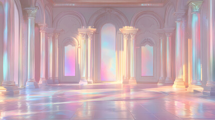 Fototapeta premium Opalescent metallic finishes with trompe-l'oeil detail, rococo pastel rim lighting, kawaii aesthetic style, stimwave particle glitch art. Opalescence. Illustration