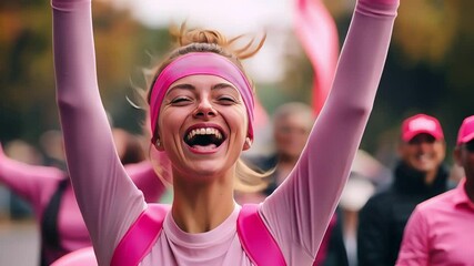 Participants celebrate during the World Cancer Day race promoting awareness and support for cancer research in a vibrant event