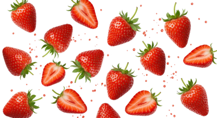 flying strawberries isolated on transparent background, cutout