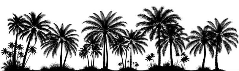 Black Palm Trees Silhouette, Tropical Landscape Horizontal Border, Palms Forest Vector Clipart. Generative AI