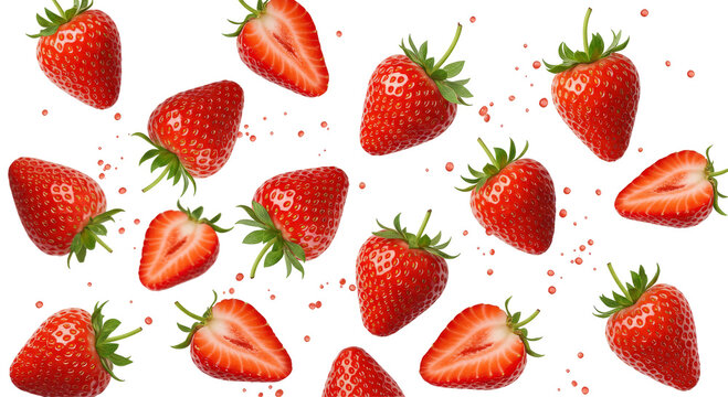 flying strawberries isolated on transparent background, cutout